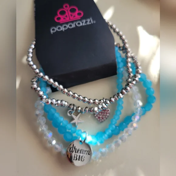 Paparazzi Silver and Blue Beaded DREAM BIG Bracelet Set - Picture 1 of 2